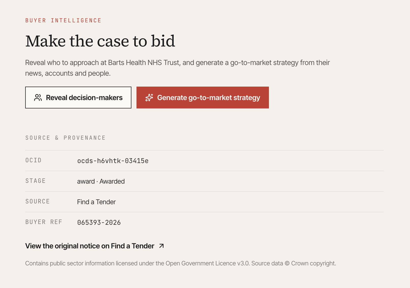An AI tool for bids and tenders showing the bid decision panel on a Barts Health NHS Trust award: reveal decision-makers, generate a go-to-market strategy, and the notice's OCID, stage and Find a Tender source